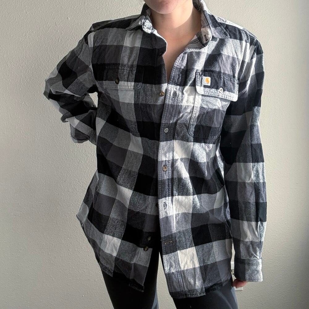 Carhartt Black Gray Flannel Shacket Buffalo Check Original Fit utility workwear